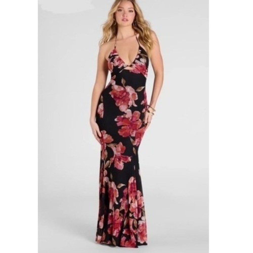 Windsor S Maxi Dress Malia Halter Floral Mesh Mermaid Ruched Formal Event Guest